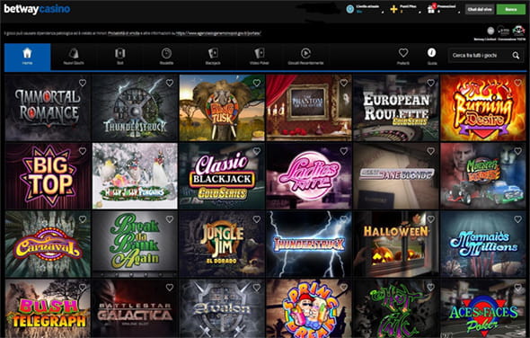 L'area giochi del sito web casinò Betway.