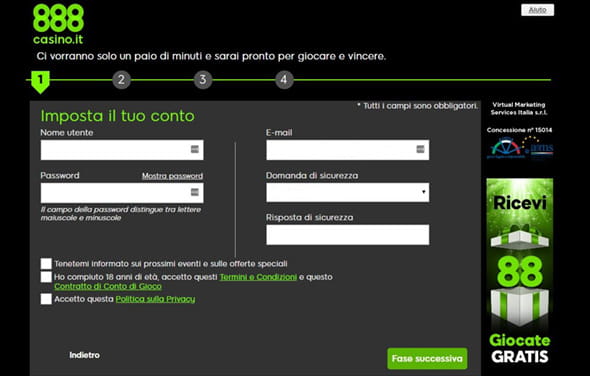 Il modulo di registrazione di 888casino, da compilare con informazioni personali e credenziali di accesso.