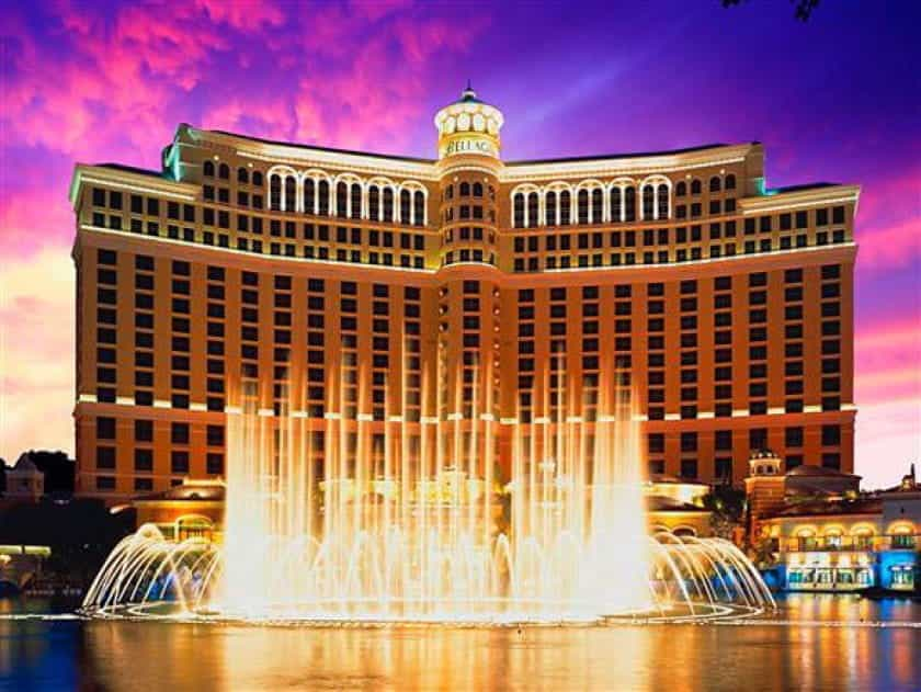 Exterior of the Bellagio Hotel and its fountain in Las Vegas, Nevada.