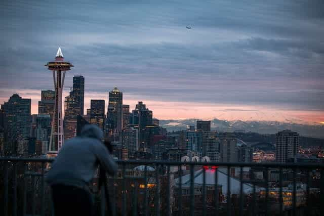 The sunrise over the skyline in Seattle, Washington.