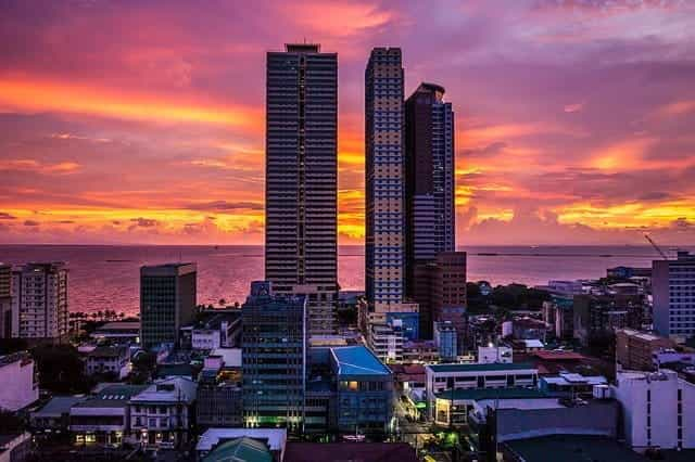 The skyline of Manila at sunset.