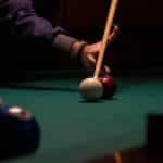 Snooker balls on a green table.